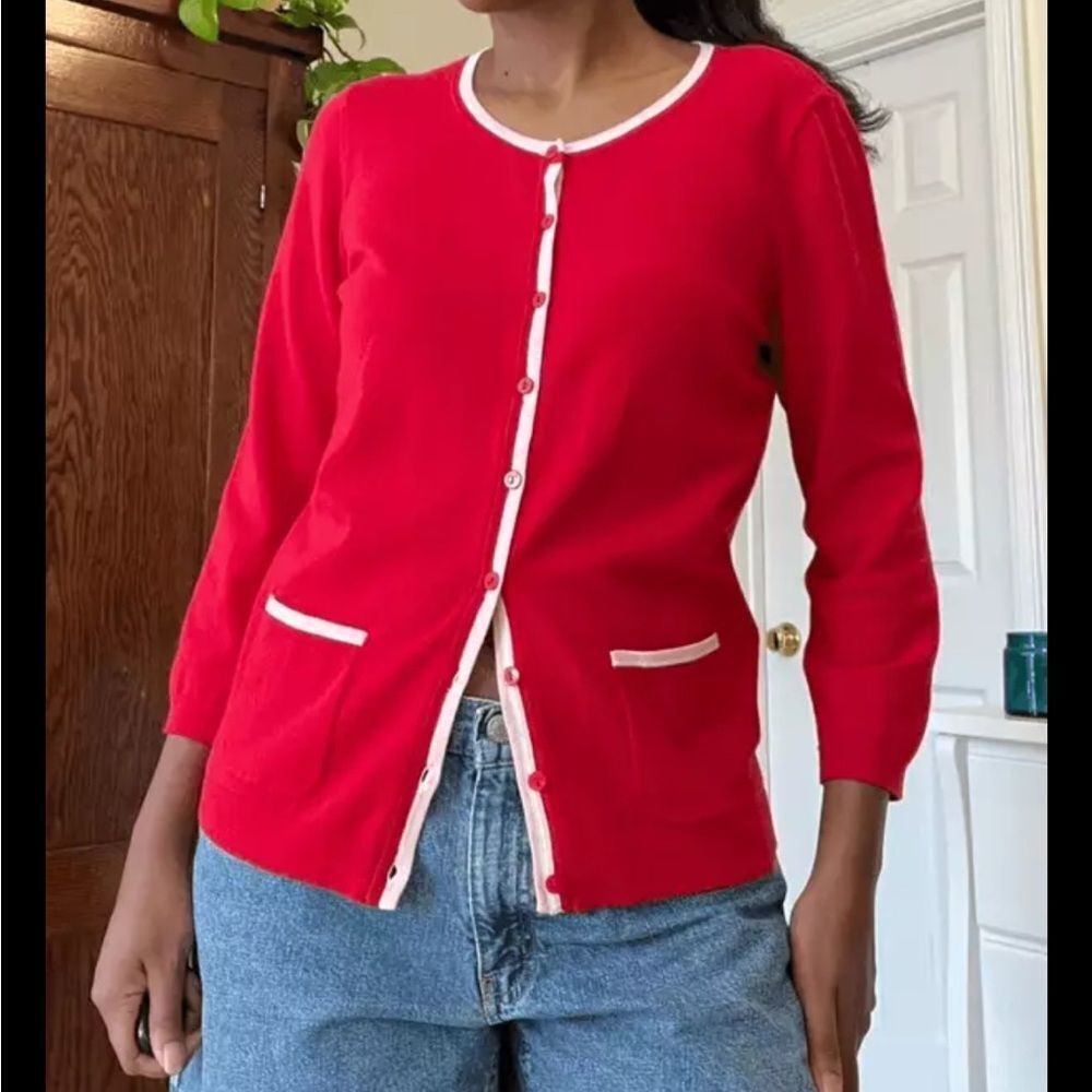 Talbots Red Cardigan Sweater White Trim Pockets Button Front Women’s Sz MP Retro